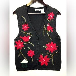 Capacity Vintage 90s Holiday sweater vest Cardinals‎ poinsettia size Large black